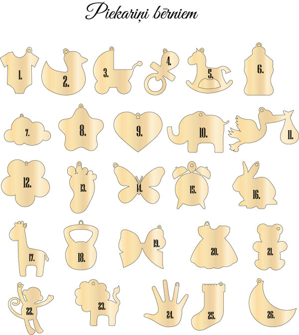 Koka vārdiņš ar krāsainu printu un piekariņiem